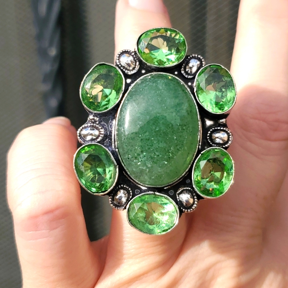 New Oversized Green Apatite and Tsavorite 925 Silver Statement Ring.
